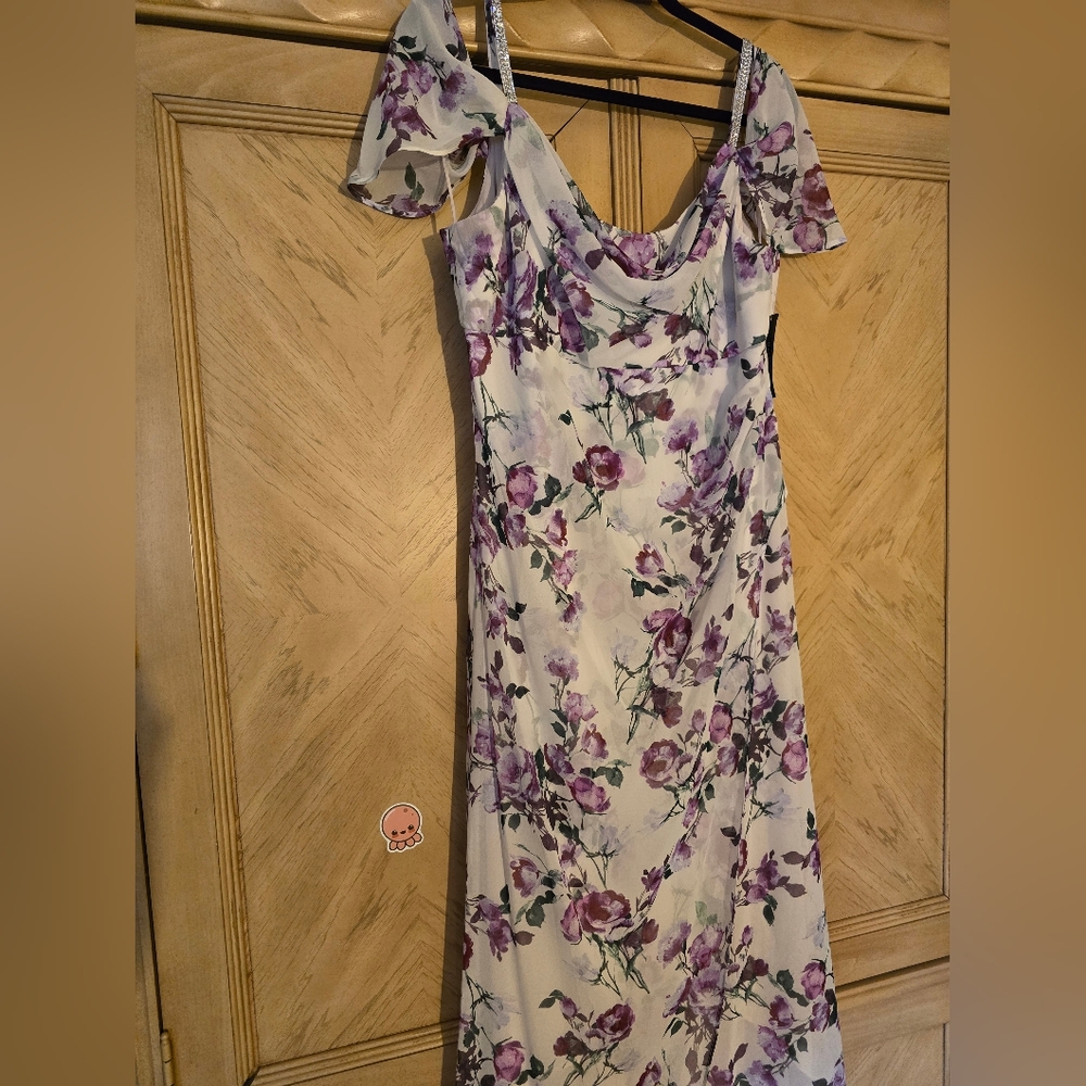 R&M Richards Rhinestone Off the Shoulder Floral Dress. White/ Purple/Green. 16 - Picture 3 of 16